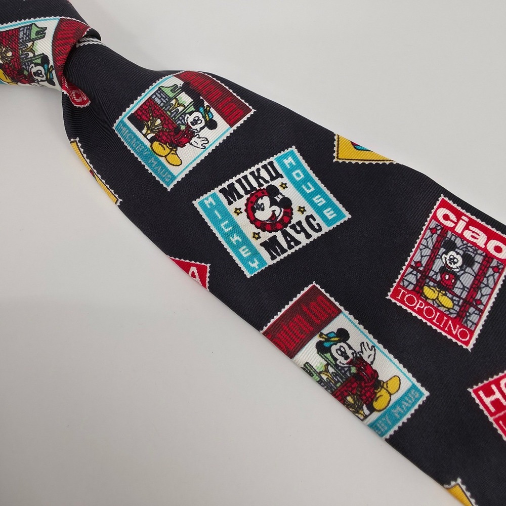 Balancine Disney‎ Mickey Mouse Postage Stamp Silk Tie Mens Black Vintage